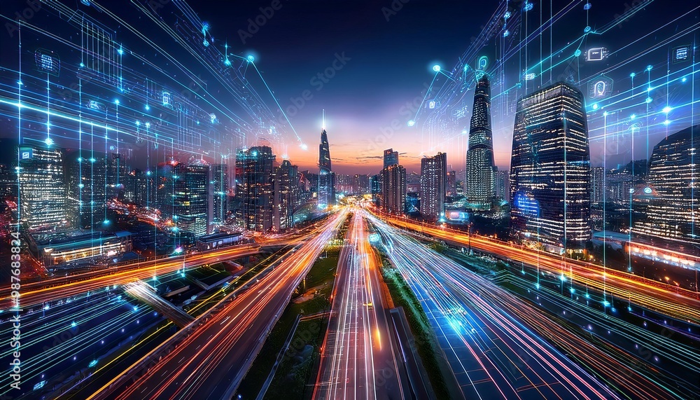 Futuristic Cityscape with Glowing Lights and Trails Futuristic Cityscape with Glowing Lights and Trails