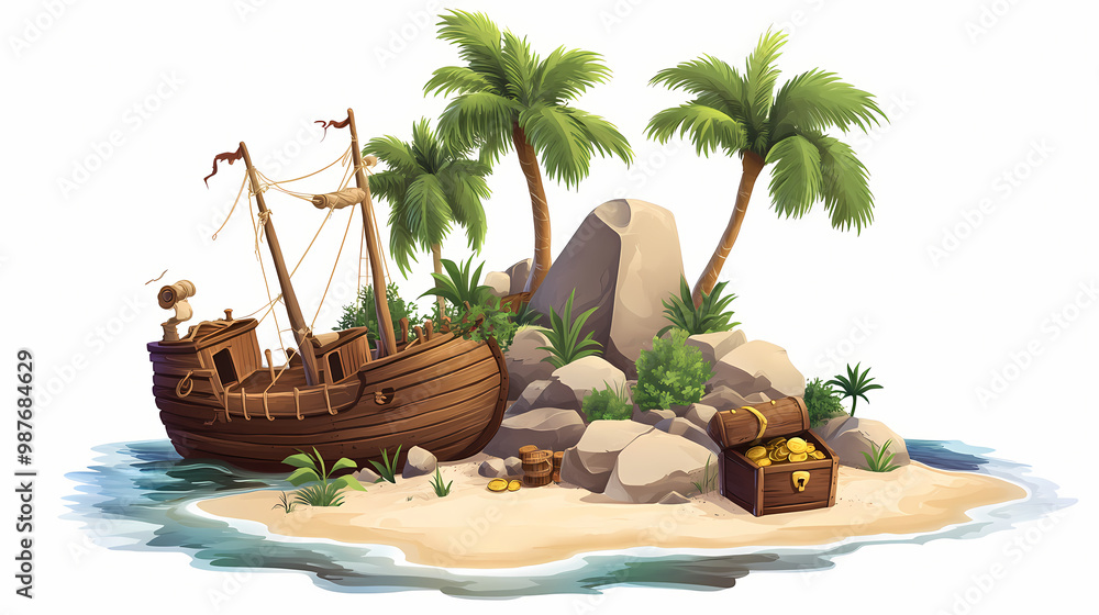Tropical island with wooden pirate ship, treasure chest, rocks and palm ...