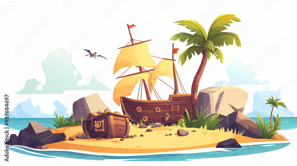 Tropical island with wooden pirate ship, treasure chest, rocks and palm ...