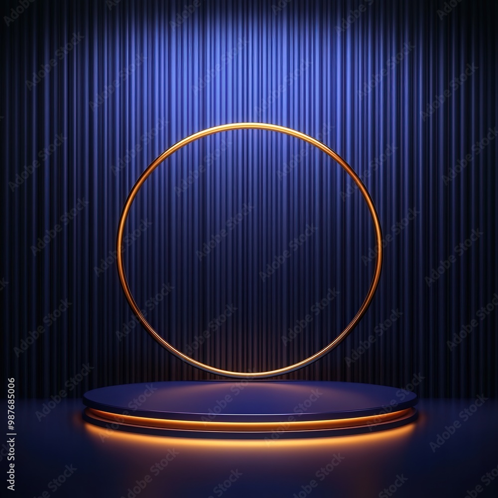 Golden Circle and Platform on Blue Curtain Background Golden Circle and Platform on Blue Curtain Background