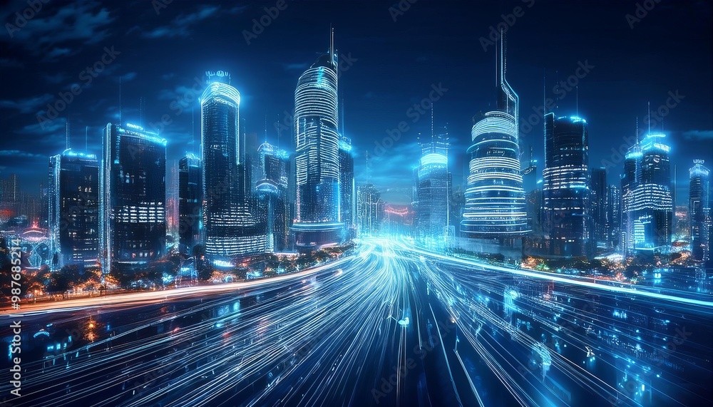 Fototapeta premium Futuristic Metropolis: A Vision of Gleaming Skyscrapers and Luminous Technology