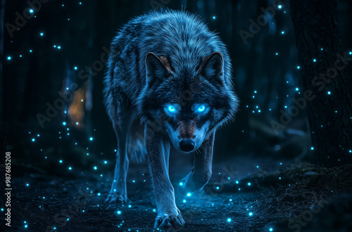 A wolf with dazzling blue light rays.