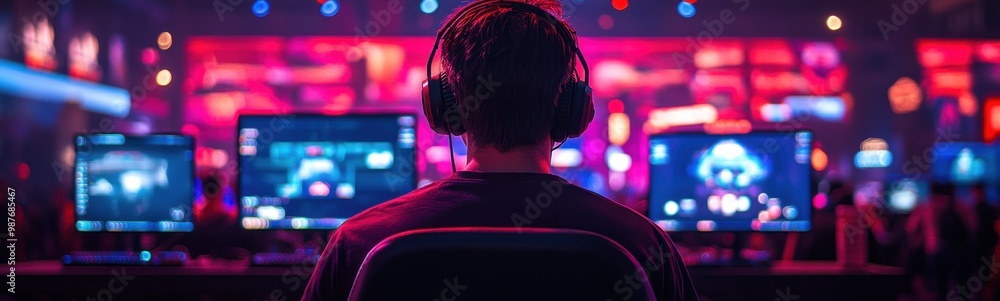 Man sitting in front of a computer desk with two monitors Man sitting in front of a computer desk with two monitors