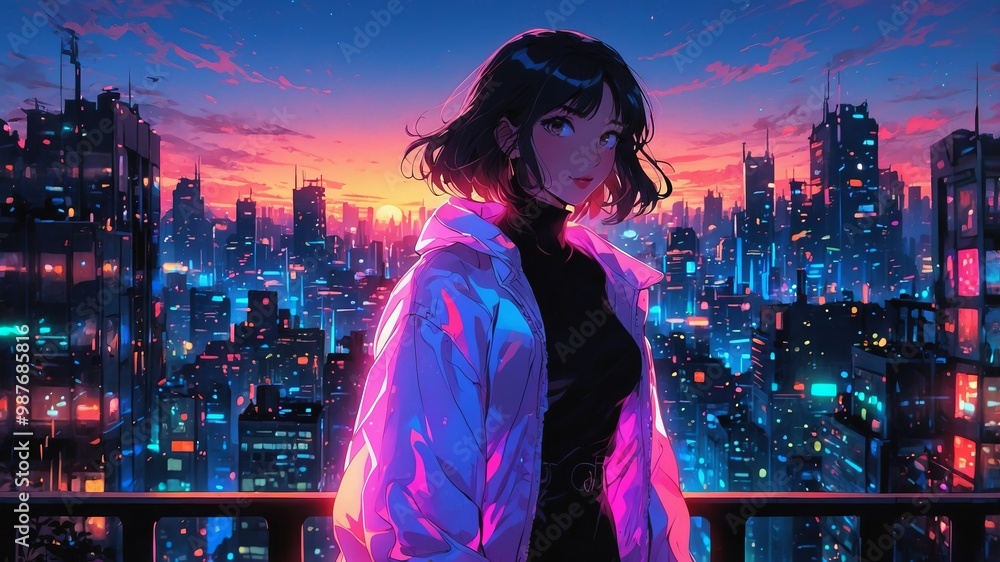 Anime girl overlooking futuristic cityscape at sunset Anime girl overlooking futuristic cityscape at sunset