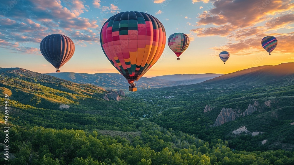 Obraz premium Hot Air Balloons Soaring Over Mountainous Landscape at Sunrise