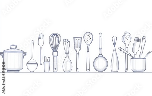 Continuous line drawing of various kitchen utensils on a white background, featuring pots, pans, tongs, and cutlery