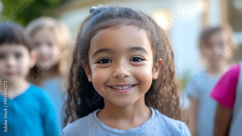A young girl sits at a desk in a classroom, smiling and looking at the camera. She is wearing a blue shirt and has her arms crossed.