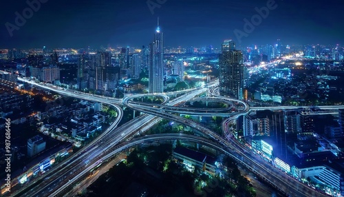 Vibrant Nighttime Cityscape with Illuminated Skyscrapers and Highways