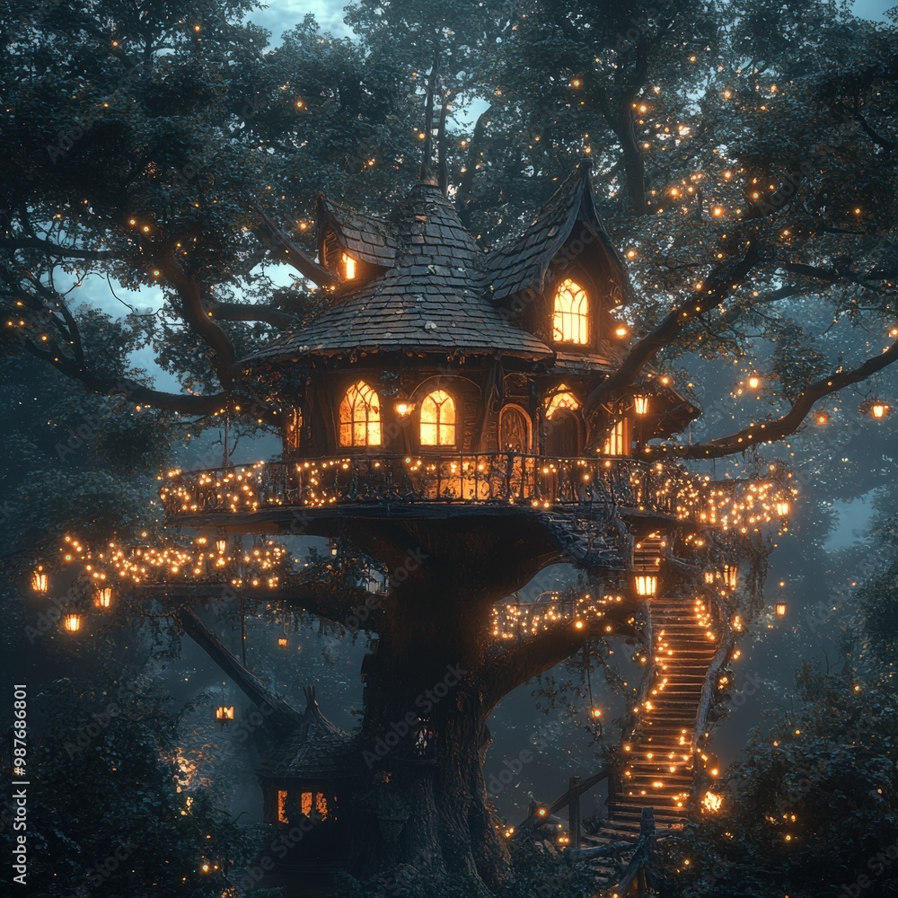 Whimsical treehouse in heavy rain with glowing lights, magical forest scene Whimsical treehouse in heavy rain with glowing lights, magical forest scene