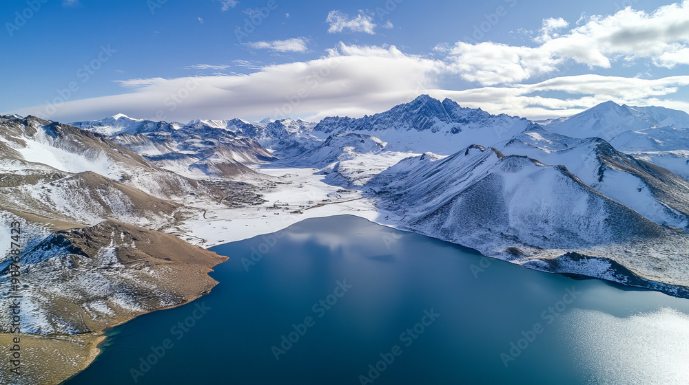 Obraz premium Aerial Panoramic View Of The Snowing Mountains Surrounding Laguna Del Inca In The Chilean Andes, Chile 