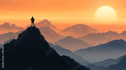 A lone figure stands on a mountain peak, silhouetted against a vibrant sunset.