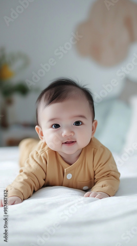 Adorable Baby in Beige Pajamas Lying on Bed - Peaceful and Charming Moment
