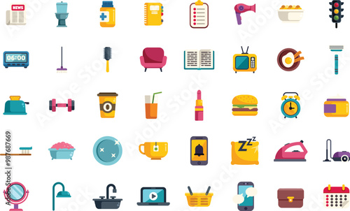 This set of colorful icons is showing daily activities and objects used in everyday routine