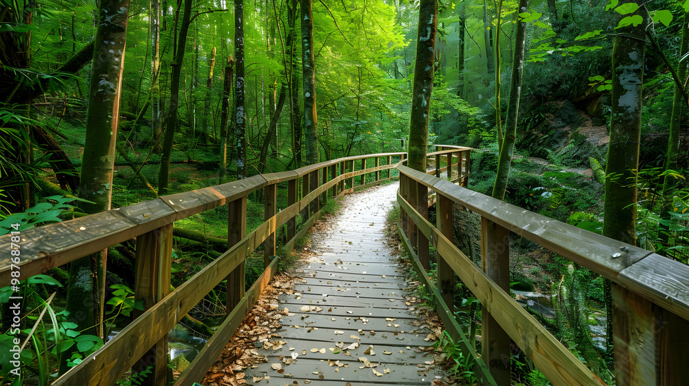 Tranquil Forest Path Wooden Bridge Through Lush Greenery Tranquil Forest Path Wooden Bridge Through Lush Greenery
