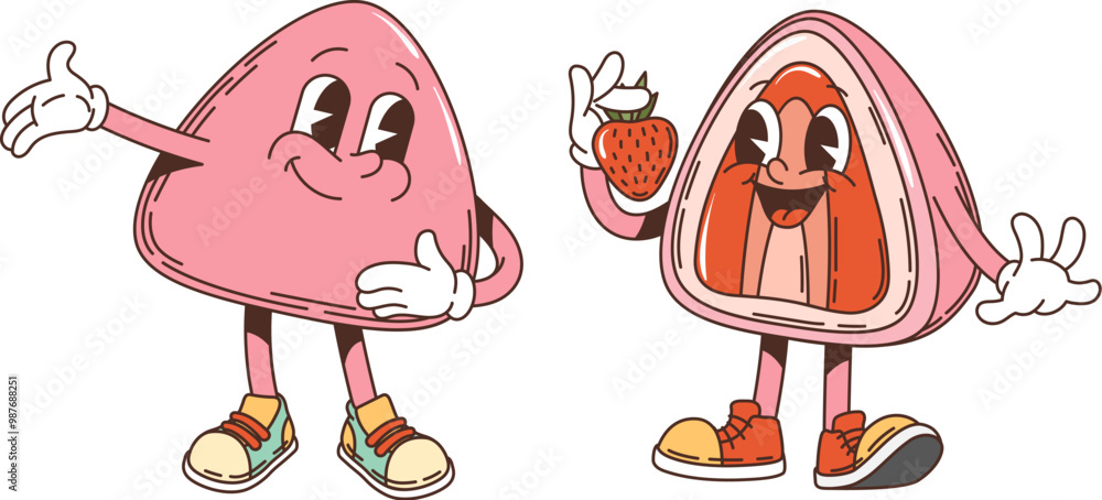 Retro groovy japanese daifuku mochi dessert characters. Isolated cartoon vector pink candy personages with strawberry and smiling faces, wearing shoes, and gesturing, evoking a playful and fun vibe Retro groovy japanese daifuku mochi dessert characters. Isolated cartoon vector pink candy personages with strawberry and smiling faces, wearing shoes, and gesturing, evoking a playful and fun vibe