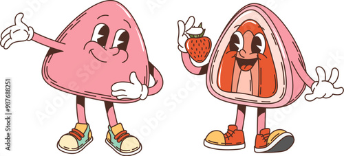 Retro groovy japanese daifuku mochi dessert characters. Isolated cartoon vector pink candy personages with strawberry and smiling faces, wearing shoes, and gesturing, evoking a playful and fun vibe