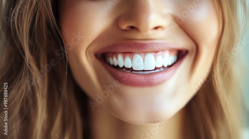 A close-up of a woman's smile, showcasing her bright white teeth and a hint of pink lipstick.