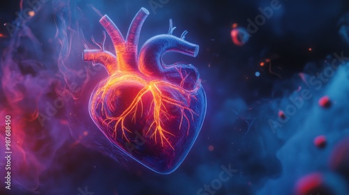 A glowing, translucent heart with intricate veins and arteries pulsates with life against a backdrop of swirling blue and purple smoke.