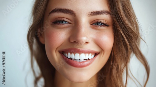 A beautiful young woman with long brown hair smiles brightly, revealing her perfect white teeth.