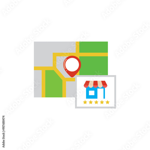 Geofencing Local Search Marketing. Digital marketing based on location, customer ratings and reviews. Local SEO for small businesses. Listings with maps, red pins, star ratings for local nearby place