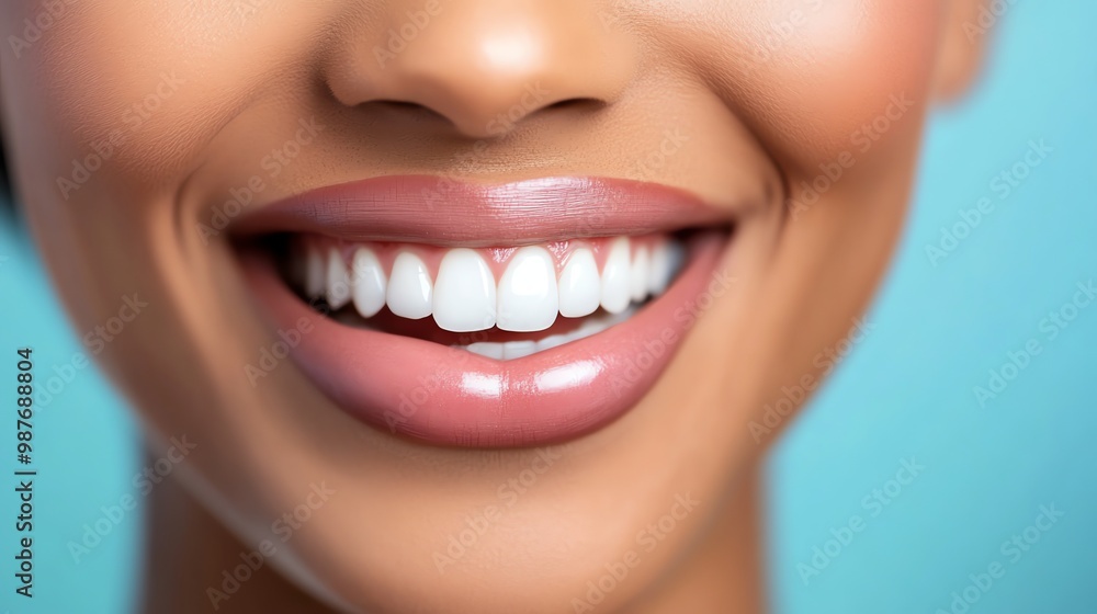 Obraz premium A close-up of a woman's smile, showcasing her perfectly aligned, pearly white teeth.