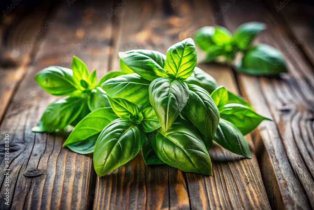 Fresh Green Basil Leaves on Rustic Wooden Table with Natural Light in a Culinary Setting Fresh Green Basil Leaves on Rustic Wooden Table with Natural Light in a Culinary Setting