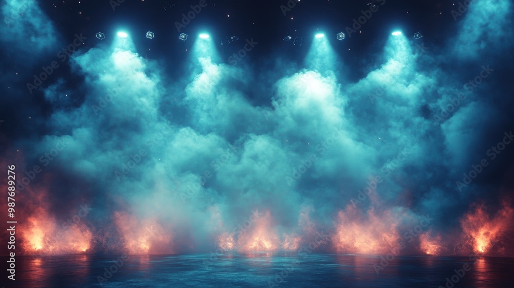 A dark and moody scene with bright blue spotlights illuminating dense clouds of fog against a starry night sky. The blue light reflects on the water creating a surreal and ethereal atmosphere. A dark and moody scene with bright blue spotlights illuminating dense clouds of fog against a starry night sky. The blue light reflects on the water creating a surreal and ethereal atmosphere.