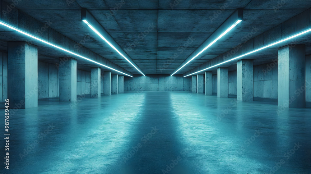 Blue Neon Lights in a Concrete Room 3D Illustration Blue Neon Lights in a Concrete Room 3D Illustration