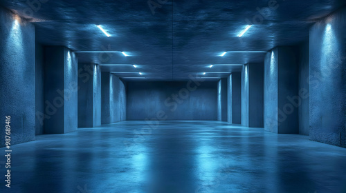 Blue Neon Lights Concrete Corridor 3D Render