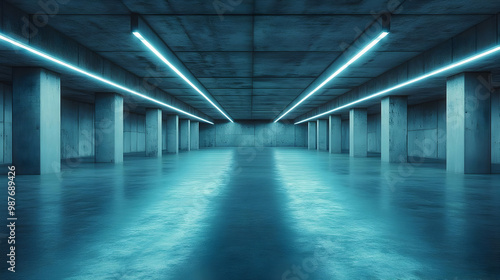 Blue Neon Lights in a Concrete Room 3D Illustration