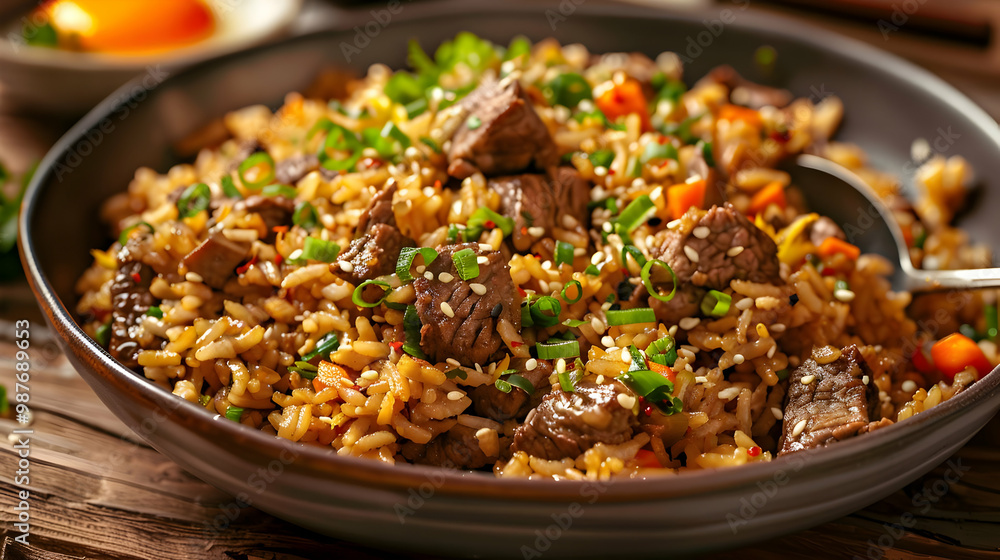 Beef Fried Rice with Sesame Seeds and Green Onions Asian Cuisine Beef Fried Rice with Sesame Seeds and Green Onions Asian Cuisine