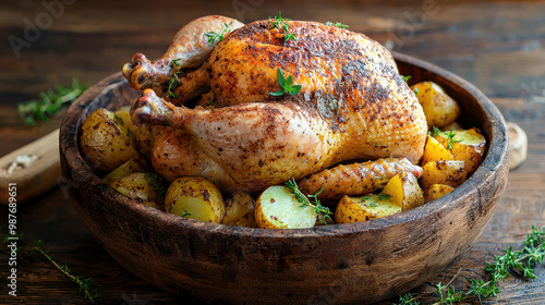 Wallpaper Mural A whole roasted chicken, surrounded by seasoned potatoes, is presented in a round wooden bowl, offering a hearty and beautifully arranged meal in a rustic setting. Torontodigital.ca