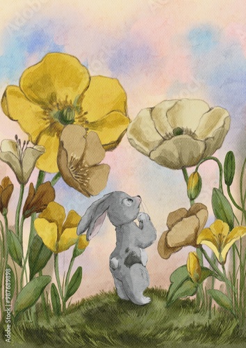 rabbit with giant flowers watercolor hand drawn illustration 