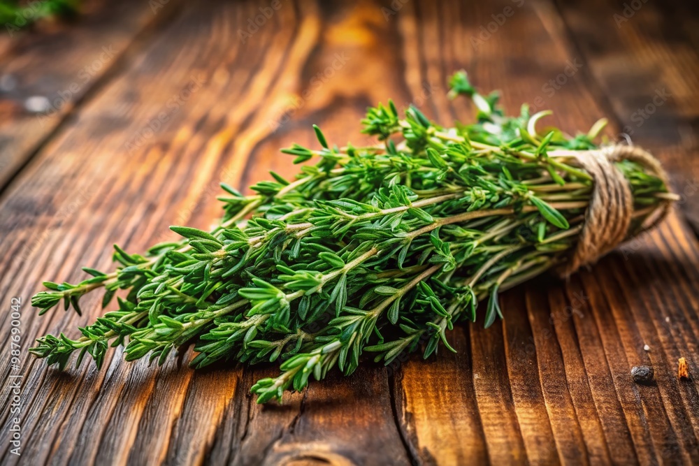Fresh Thyme Herb Sprigs on Wooden Table with Natural Light for Cooking and Culinary Use Fresh Thyme Herb Sprigs on Wooden Table with Natural Light for Cooking and Culinary Use