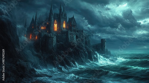 A dark, enchanted castle with glowing windows, sitting atop a cliff overlooking a vast, stormy sea.