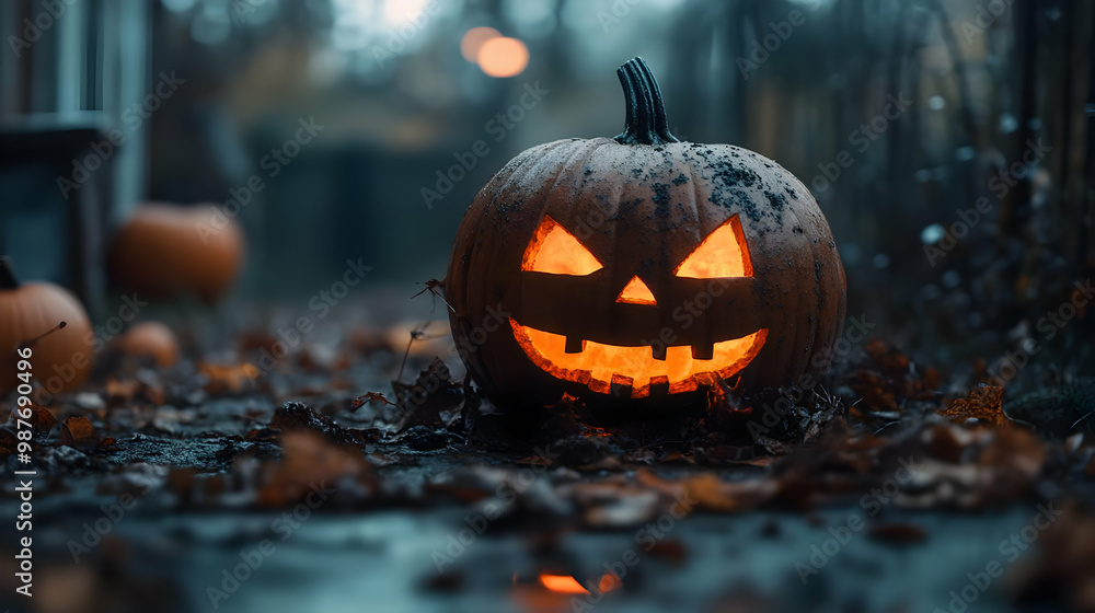 Spooky Glowing Jack-O-Lantern on a Bed of Autumn Leaves - Realistic Image Spooky Glowing Jack-O-Lantern on a Bed of Autumn Leaves - Realistic Image