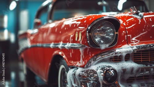 Red classic car covered in soapy foam.