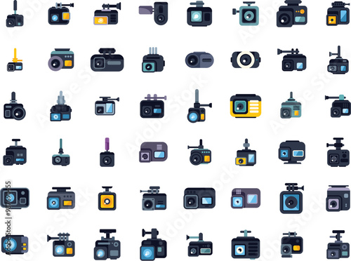 Set of action camera and car dvr icons showing different models and functionality of devices for shooting video