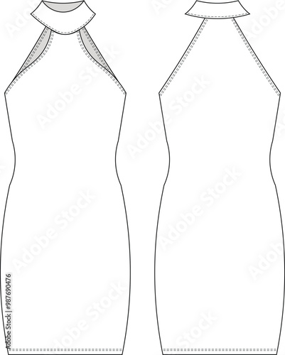 sleeveless halter neck high neck turtleneck elastic body con short mini dress template technical drawing flat sketch cad mockup fashion woman design style model
