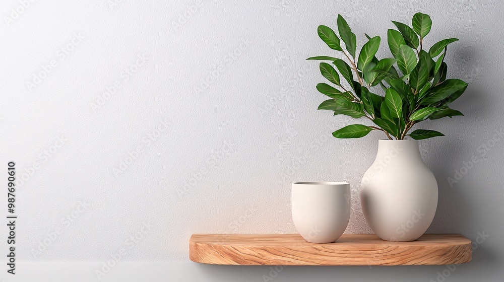 Wooden Shelf with White Vase and Green Plant. Wooden Shelf with White Vase and Green Plant.