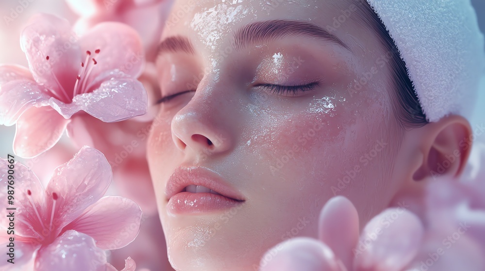 A woman with a soft, dewy complexion and closed eyes, surrounded by delicate pink flowers. The image evokes a sense of peace and tranquility. A woman with a soft, dewy complexion and closed eyes, surrounded by delicate pink flowers. The image evokes a sense of peace and tranquility.