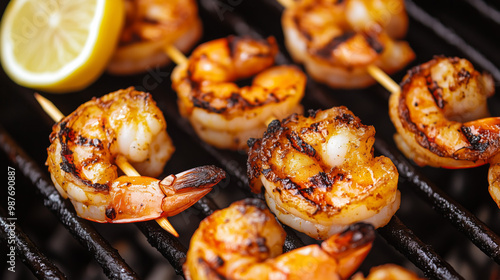 Grilled shrimp skewers with char marks on a barbecue grill, served with a slice of lemon.