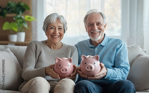 Smiling elderly couple sitting on a cozy sofa, holding piggy banks while enjoying a happy and secure retirement lifestyle.