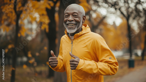 Elderly Black man joyfully jogging in the park surrounded by vibrant autumn foliage on a sunny day