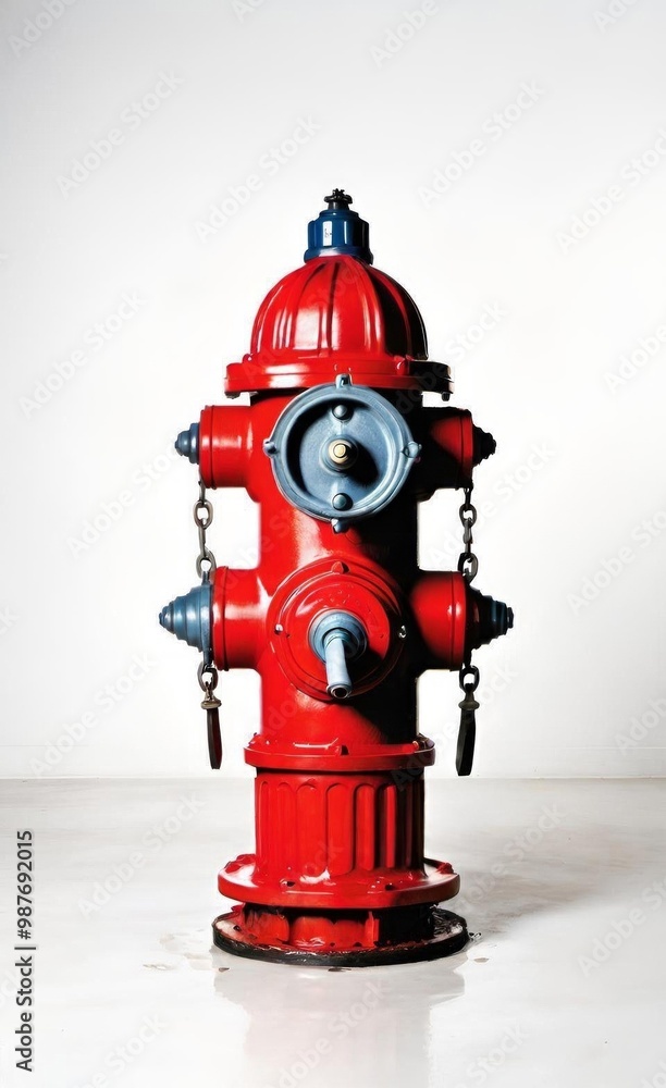 Fototapeta premium A red fire hydrant with chains and multiple outlets, set against a stark white background. AI generated.