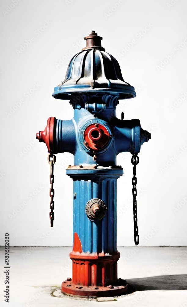 A red fire hydrant with chains and multiple outlets, set against a stark white background. AI generated. A red fire hydrant with chains and multiple outlets, set against a stark white background. AI generated.