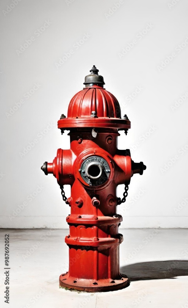 A red fire hydrant with chains and multiple outlets, set against a stark white background. AI generated. A red fire hydrant with chains and multiple outlets, set against a stark white background. AI generated.