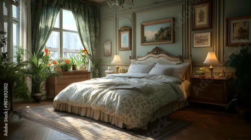 Bedroom Interior Design - 3D Illustration of a Luxurious Bedroom with Ornate Furniture and Soft Lighting