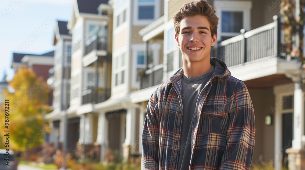 Smiling young man in a plaid shirt standing outdoors in front of modern suburban houses on a sunny day, radiating a sense of community and warmth. Smiling young man in a plaid shirt standing outdoors in front of modern suburban houses on a sunny day, radiating a sense of community and warmth.