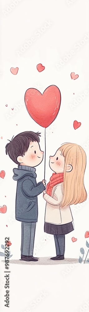 Young couple holding heart balloon, romantic theme, cute illustration. Young couple holding heart balloon, romantic theme, cute illustration.
